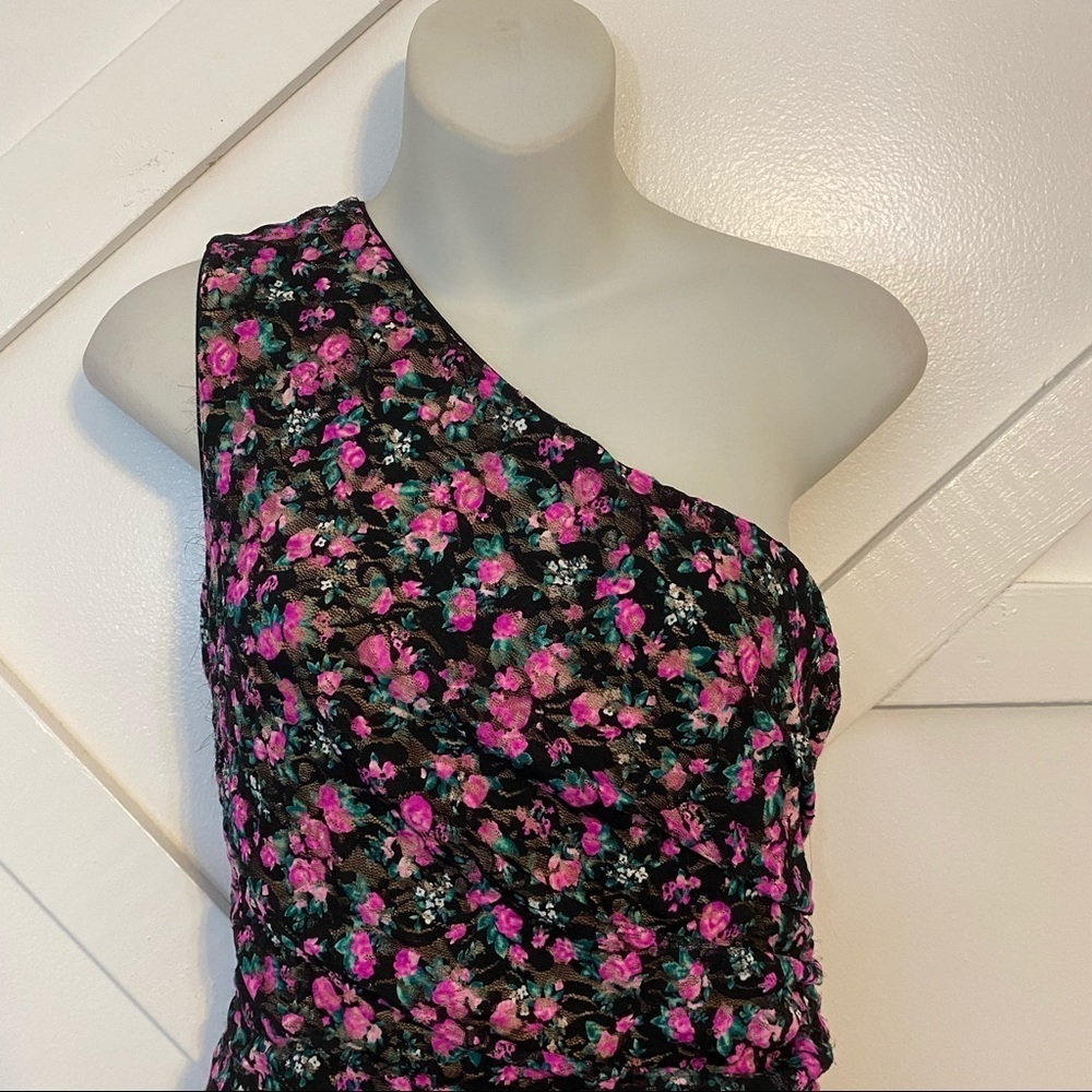 Dress The Population Marie Floral Chiffon One Shoulder Sheath Mini Dress L - Picture 4 of 13